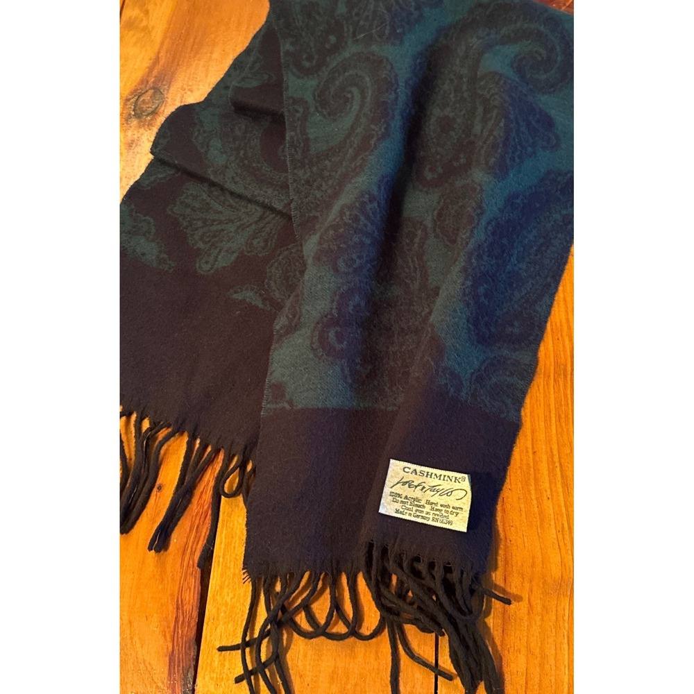 Vtg Cashmink Scarf Fringe Paisley Green Navy Soft Unisex Grandpacore 52x10